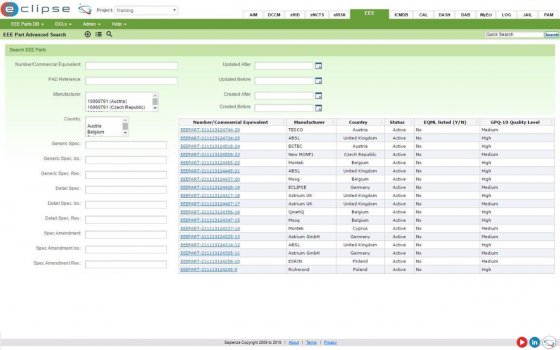 Electrical, Electronic and Electromechanical Database module screen