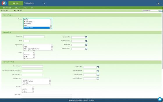 Electrical, Electronic and Electromechanical Database module screen